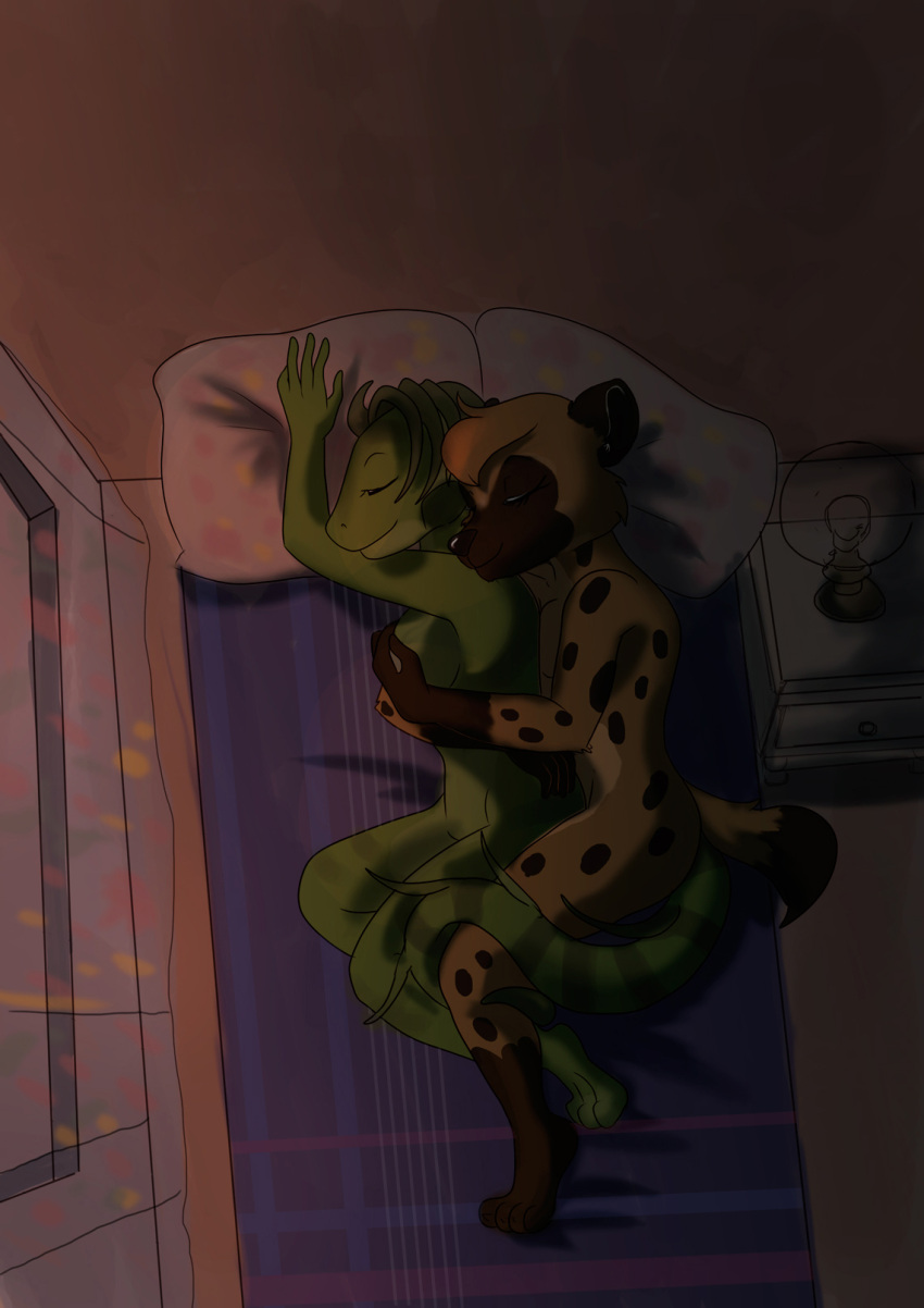 2023 4_toes 5_fingers anthro anthro_on_anthro bed bedroom black_nose breasts brown_body brown_fur brown_hair butt cuddling diana_machado digital_media_(artwork) duo embrace eyes_closed feet female female/female fingers fur furniture green_body green_scales hair hi_res hindpaw hug hugging_from_behind humanoid_hands hyena iguanid inside intimate lizard lying lying_on_bed mammal missebony night nude on_bed on_side paws reptile romantic romantic_ambiance romantic_couple scales scalie silvie_(katnay) sleeping smile spots spotted_body spotted_fur spotted_hyena toes worn_down_children
