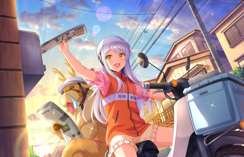 +_+ 1girl basket blitzen blush cloud cloudy_sky delivery eve_santaclaus hardhat helmet high-visibility_vest house idolmaster idolmaster_cinderella_girls long_hair motor_vehicle motorcycle newspaper nose_bubble official_art on_motorcycle open_mouth orange_vest pink_shirt plaid power_lines reading reindeer shirt shorts sky tongue vest white_hair yellow_eyes