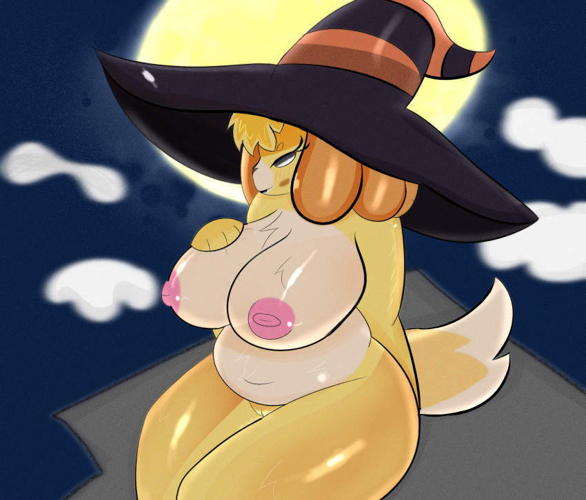animal_crossing anthro areola bedroom_eyes belly blush breasts canid canine canis clothing cloud curvy_figure domestic_dog female female/female fur genitals glistening halloween hand_on_butt hat headgear headwear hi_res holidays humanoid inverted_nipples isabelle_(animal_crossing) light lipstick magic_user makeup mammal miyang_draws! moon moonlight multicolored_body multicolored_fur narrowed_eyes navel nintendo nipples nude pink_areola pussy seductive shih_tzu sitting slightly_chubby smile solo thick_thighs toy_dog two_tone_body two_tone_fur voluptuous witch witch_hat yellow_body yellow_fur