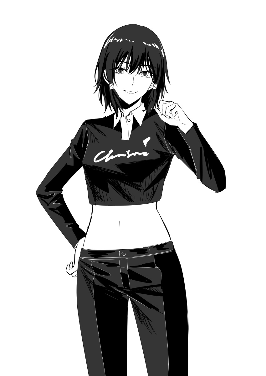 1girl absurdres chainsaw_man collared_shirt commentary cowboy_shot crop_top greyscale grin hand_on_own_hip highres long_sleeves looking_back medium_hair midriff mifune_fumiko monochrome navel pants polo_shirt shirt simple_background smile solo suprii white_background