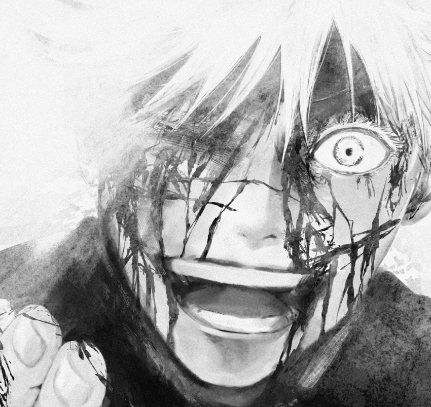 1boy 5gsasa blood blood_on_face crazy_eyes crazy_smile cuts gojou_satoru greyscale injury jujutsu_kaisen looking_at_viewer male_focus monochrome one_eye_closed open_mouth portrait short_hair smile solo teeth