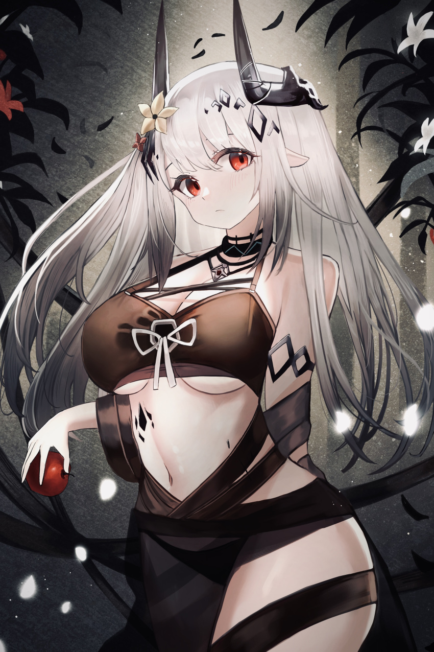 1girl absurdres apple arknights bare_shoulders bikini black_bikini black_sarong blush breasts cleavage food fruit highres holding holding_food holding_fruit large_breasts long_hair looking_at_viewer mudrock_(arknights) mudrock_(silent_night)_(arknights) navel official_alternate_costume pointy_ears red_eyes sarong see-through_sarong solo swimsuit taguchi_yuu underboob very_long_hair white_hair