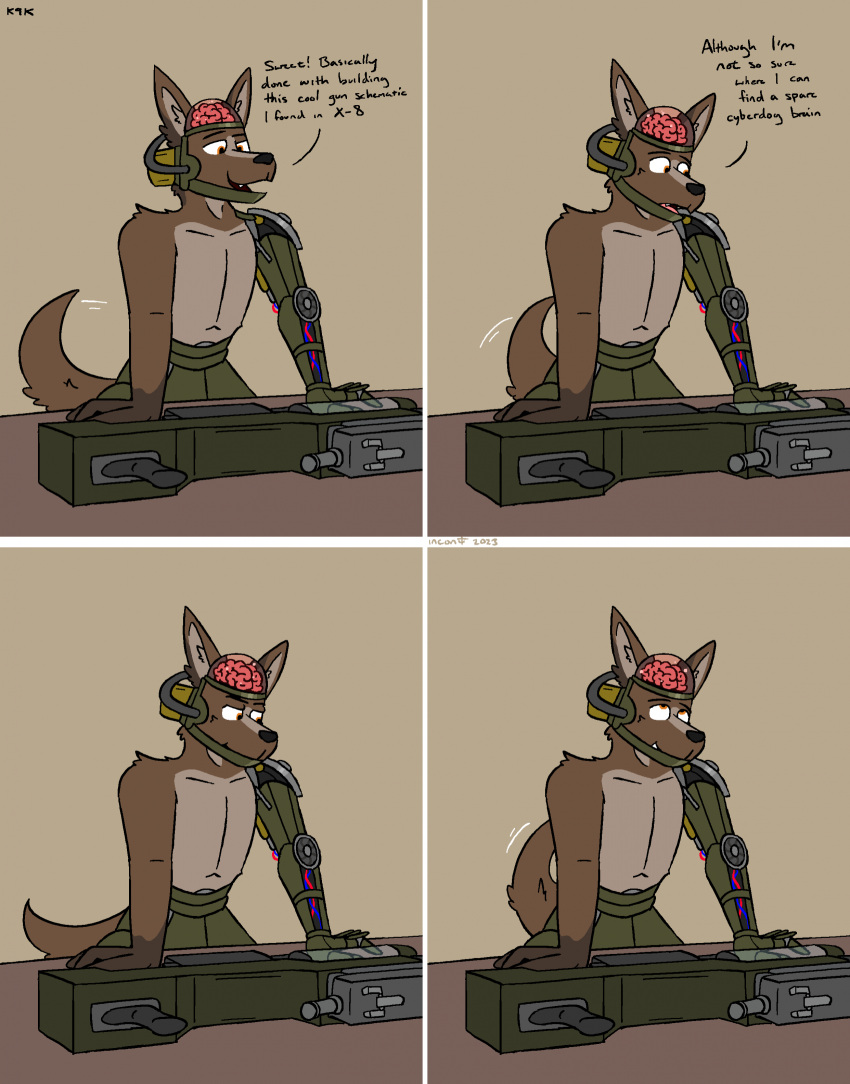 4-lex 4_panel_comic anthro bethesda_softworks brain brown_body brown_fur canid canine canis comic cyberdog_(fallout) cybernetics cyborg dialogue domestic_dog english_text fallout fur g472y girly hi_res k9000_(fallout) laser_gun machine male mammal nude organs raised_tail ranged_weapon snout solo tail tail_motion tailwag talking_to_self text weapon
