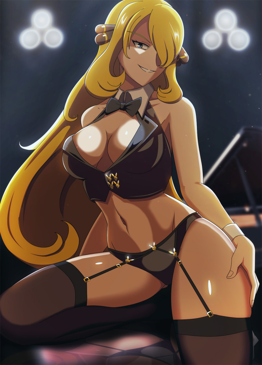 1girl backlighting black_bow black_bowtie black_garter_straps black_panties black_thighhighs blonde_hair bow bowtie breasts cropped_vest cynthia_(pokemon) english_commentary garter_straps grey_eyes grin hair_ornament hair_over_one_eye highres instrument knee_up large_breasts light_particles long_hair looking_at_viewer navel no_pants panties piano pokemon pokemon_(game) pokemon_dppt sidelocks smile solo stomach thighhighs thighs underwear very_long_hair vest vivivoovoo wing_collar wrist_cuffs