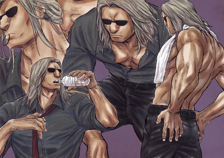 1boy adjusting_clothes adjusting_necktie bara big_nose drinking feet_out_of_frame highres hunter_x_hunter long_hair male_focus morel_mackernasey multiple_views muscular muscular_male necktie nkwtsrsk_hh partially_unbuttoned pectoral_cleavage pectorals shirt sunglasses topless_male towel towel_around_neck tying_hair wrinkled_skin