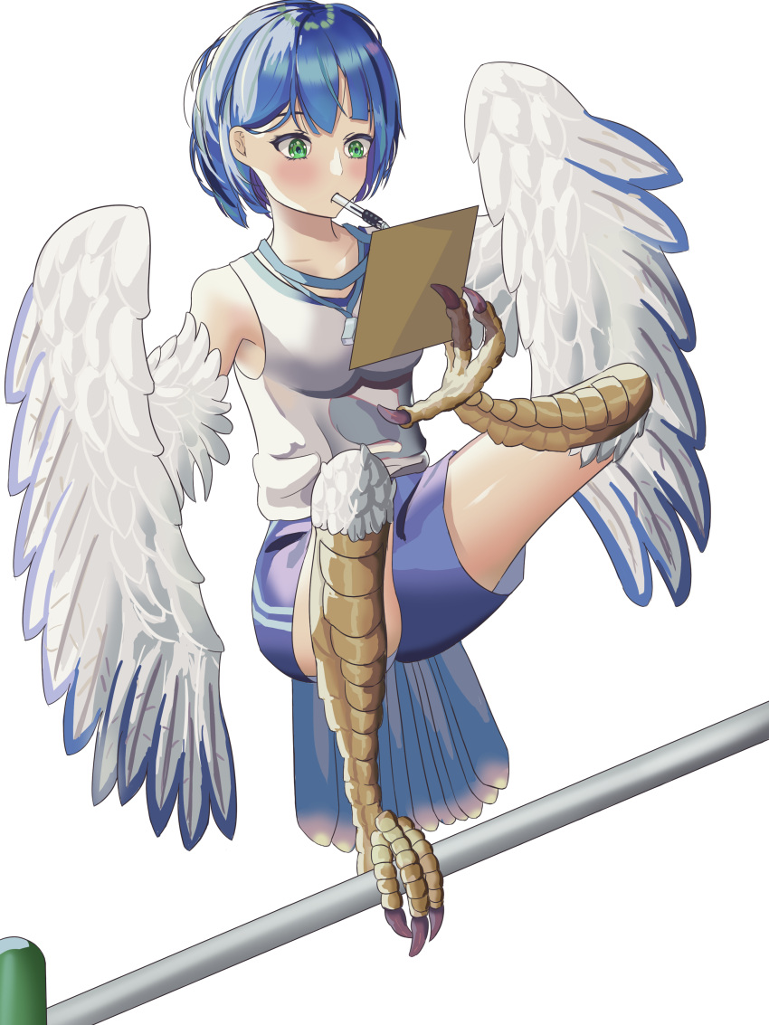 1girl absurdres bird_tail blue_feathers blue_hair blue_shorts blush breasts chinese_commentary clipboard commentary_request feathers green_eyes harpy highres holding holding_pen holding_with_feet monster_girl mouth_hold original pb250 pen shirt short_hair shorts simple_background sleeveless sleeveless_shirt small_breasts tail talons white_background white_feathers white_wings wings writing