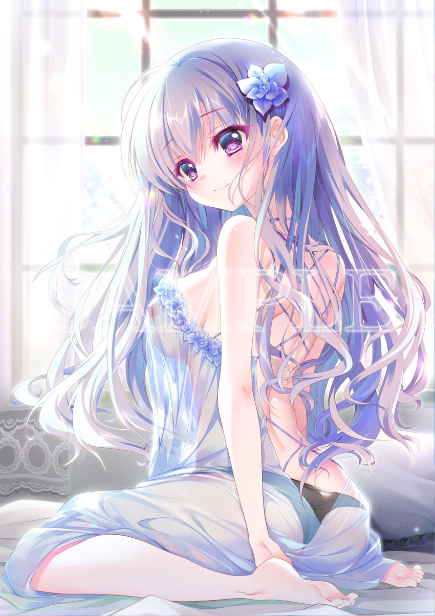 1girl amaha_miu ass back barefoot black_panties bloom blue_flower blush breasts closed_mouth colored_eyelashes covered_nipples curtains dress dress_flower eyelashes eyes_visible_through_hair feet flower full_body hair_between_eyes hair_flower hair_ornament hair_spread_out highres indoors izumi_tsubasu large_breasts light_purple_hair long_hair looking_at_viewer mashiroiro_symphony on_bed paid_reward_available panties purple_eyes sample_watermark see-through see-through_dress sideboob sidelighting sitting sleeveless sleeveless_dress smile soles solo toes underwear very_long_hair wariza wavy_hair white_dress window