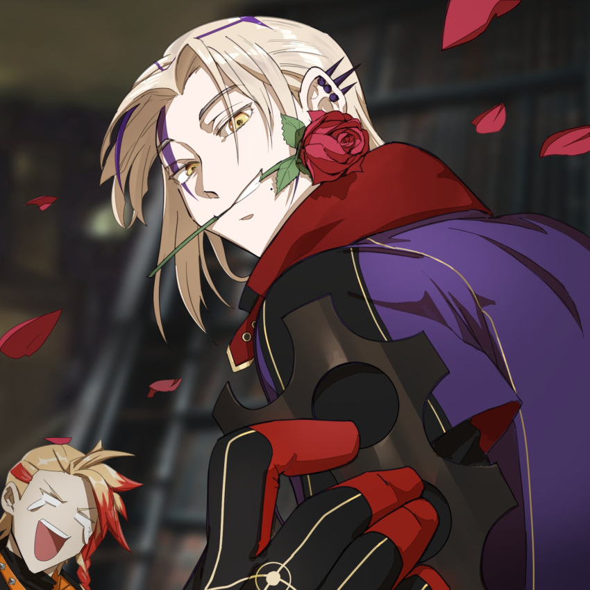 2boys :d axel_syrios black_gloves black_shirt blank_eyes blonde_hair blurry blurry_background braid collar commentary ear_piercing english_commentary facial_mark falling_petals flower flower_in_mouth gloves gokotan grin highres holostars holostars_english laughing looking_at_another looking_at_viewer looking_to_the_side magni_dezmond male_focus mole mole_under_mouth mouth_hold multicolored_hair multiple_boys official_art orange_collar parted_bangs petals piercing print_hair purple_hair red_flower red_hair red_rose rose shirt short_hair side_braid smile streaked_hair tears teeth turtleneck upper_body upper_teeth_only v-shaped_eyebrows virtual_youtuber window yellow_eyes
