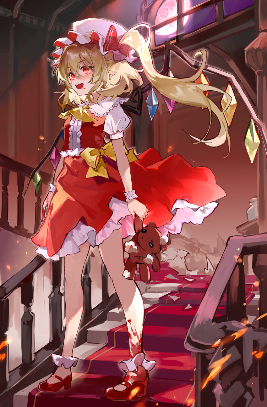 1girl absurdres ascot blonde_hair blood blood_on_face blood_on_feet blood_on_hands collared_shirt crystal flandre_scarlet full_body hair_between_eyes hat highres holding holding_stuffed_toy indoors karasu_btk long_hair mob_cap one_side_up open_mouth red_eyes red_footwear red_skirt red_vest shirt shoes short_sleeves skirt solo stuffed_animal stuffed_toy teddy_bear touhou vest white_headwear white_shirt wings wrist_cuffs yellow_ascot