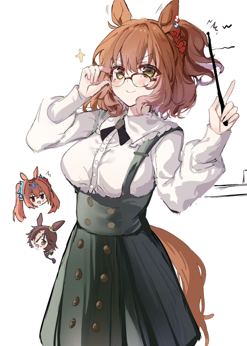 3girls adjusting_eyewear animal_ears aston_machan_(umamusume) bespectacled blush breasts brown_hair chibi chibi_inset closed_mouth collared_shirt cowboy_shot cross_tie daiwa_scarlet_(umamusume) glasses green_eyes green_skirt high-waist_skirt highres holding holding_pointer horse_ears horse_girl horse_tail long_sleeves multiple_girls pointer puffy_long_sleeves puffy_sleeves sb_(akagikeai) shirt short_hair side_ponytail simple_background skirt small_breasts smile solo sparkle suspender_skirt suspenders tail umamusume vodka_(umamusume) white_background white_shirt