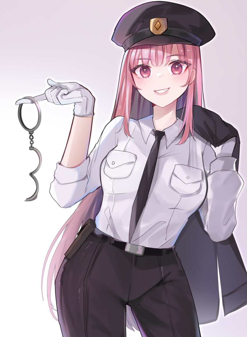 1girl absurdres aivysu black_necktie blush breasts cowboy_shot cuffs gloves handcuffs hat highres holding holding_handcuffs hololive hololive_english holster jacket jacket_over_shoulder jacket_removed large_breasts long_hair looking_at_viewer mori_calliope necktie pink_eyes pink_hair police police_hat police_uniform policewoman shirt smile thick_thighs thighs uniform very_long_hair virtual_youtuber white_gloves white_shirt