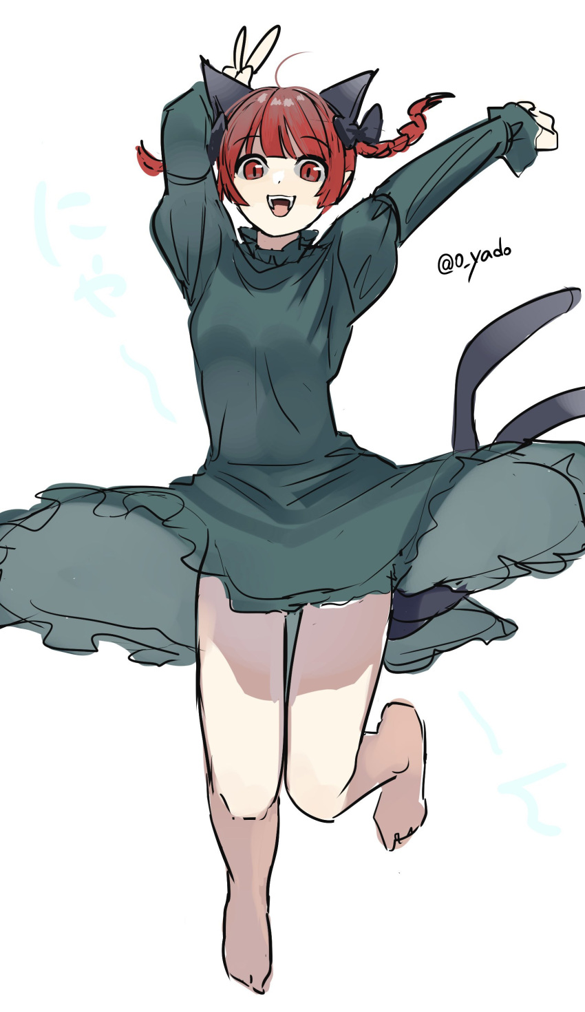 1girl :d absurdres ahoge animal_ears arms_up bare_legs barefoot black_bow blunt_bangs bow braid breasts cat_ears cat_tail dress fangs floating_hair full_body green_dress hair_bow hair_ribbon happy highres juliet_sleeves jumping kaenbyou_rin long_sleeves medium_hair nekomata open_mouth puffy_sleeves red_eyes red_hair ribbon simple_background small_breasts smile solo standing standing_on_one_leg tail teeth touhou tress_ribbon twin_braids upper_teeth_only v white_background yadoyuki