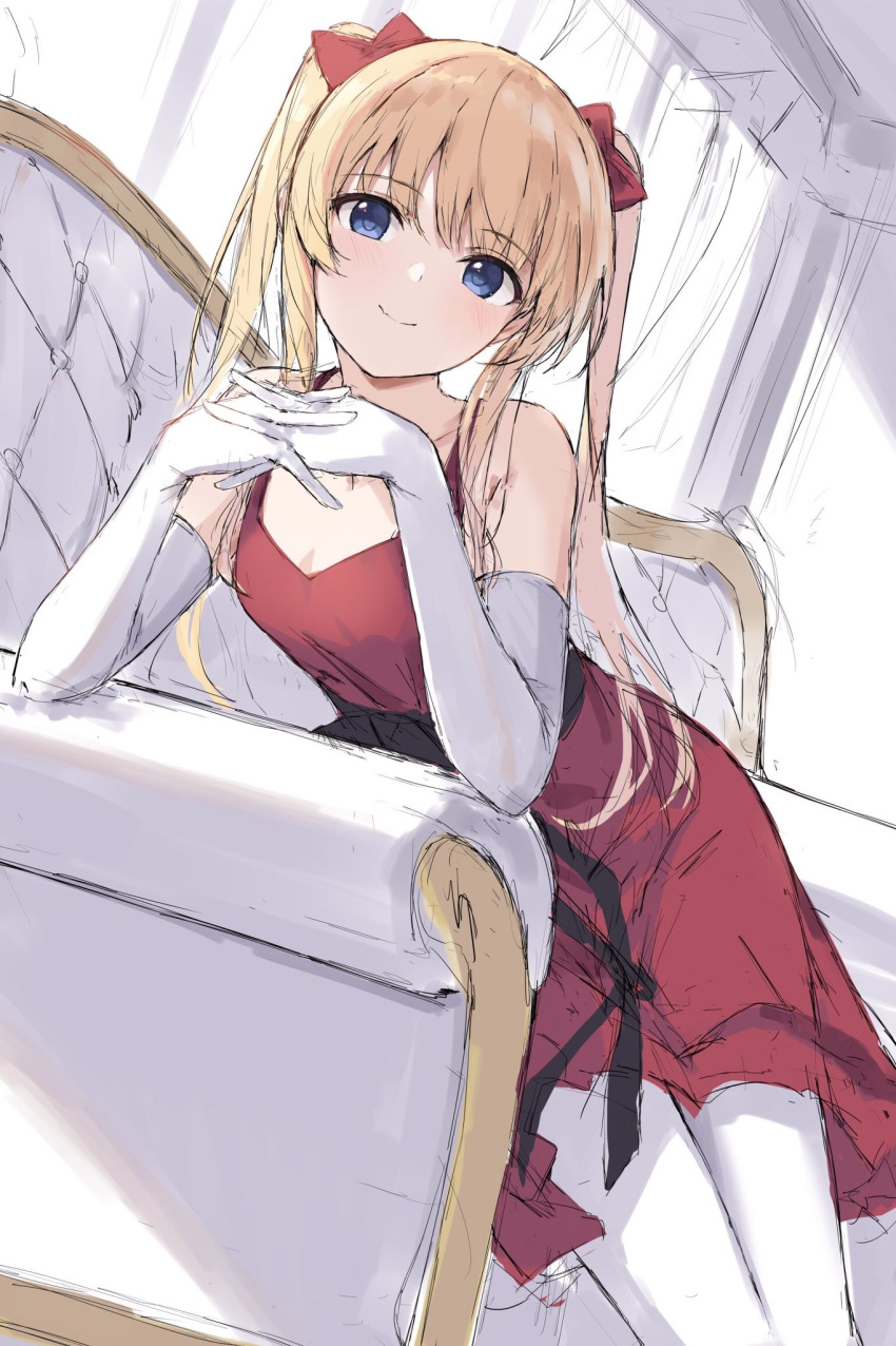 1girl blonde_hair blue_eyes blush bow breasts cleavage collarbone commentary_request couch cowboy_shot curtains dress elbow_gloves gloves hair_bow highres indoors interlocked_fingers long_hair looking_at_viewer on_couch own_hands_together pantyhose red_bow red_dress saenai_heroine_no_sodatekata sawamura_spencer_eriri sitting sleeveless sleeveless_dress small_breasts smile solo twintails white_gloves white_pantyhose window yanagi_marie