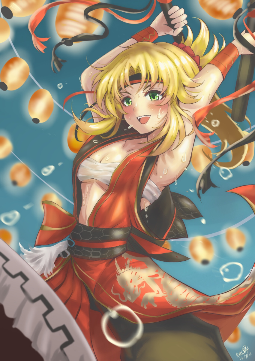 1girl arms_up bare_shoulders blonde_hair breasts drum fate/grand_order fate_(series) green_eyes highres instrument iron_samurai long_hair looking_at_viewer mordred_(fate) mordred_(fate/apocrypha) open_mouth parted_bangs ponytail sidelocks small_breasts smile solo sweat tagme taiko_drum taiko_sticks