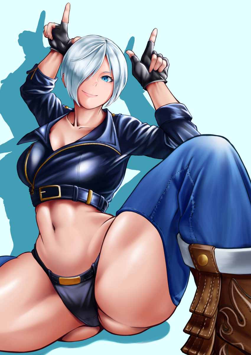 1girl abs absurdres angel_(kof) backless_pants blue_eyes boots bra breasts chaps cleavage cowboy_boots crop_top cropped_jacket finger_horns fingerless_gloves gloves hair_over_one_eye highres horns_pose index_fingers_raised jacket large_breasts leather leather_jacket looking_at_viewer midriff navel panties pants short_hair smile snk solo strapless strapless_bra the_king_of_fighters the_king_of_fighters_xiv thighs toned underwear user_rmpe5448 white_hair