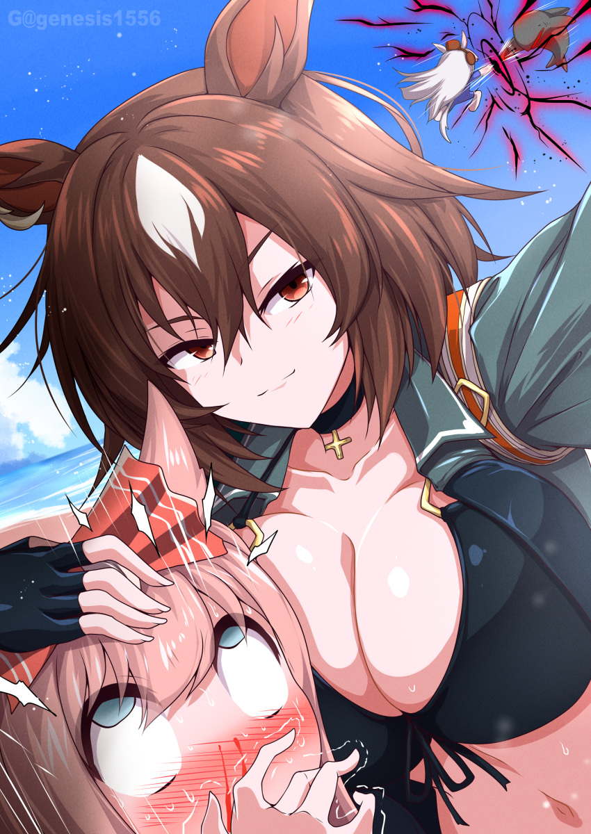 3girls agnes_digital_(umamusume) animal_ears artist_name beach bikini black_bikini black_choker black_gloves blue_eyes blue_sky blush bow breasts bridle brown_hair choker cleavage closed_mouth cloud collarbone commentary_request cross cross_choker day fighting fingerless_gloves front-tie_bikini_top front-tie_top g_(genesis1556) gloves gold_ship_(umamusume) green_shirt grey_hair hair_between_eyes hair_bow hair_ornament hand_on_another's_head highres horse_ears horse_girl horse_tail large_breasts long_hair long_sleeves looking_at_viewer multicolored_hair multiple_girls navel nose_blush ocean outdoors pillbox_hat pink_hair red_eyes rolling_eyes shark shirt sidelocks sirius_symboli_(umamusume) sky smile standing streaked_hair sweat swimsuit tail tracen_swimsuit two_side_up umamusume upper_body white_hair