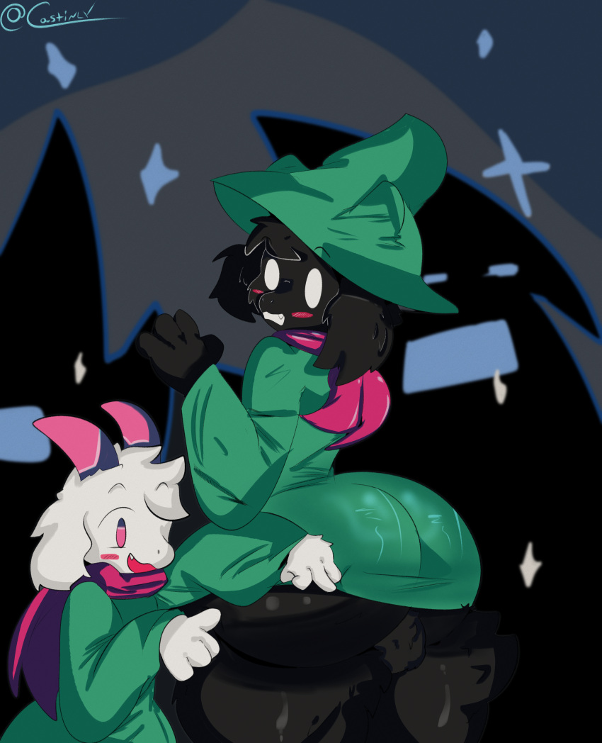 absurd_res anthro balls big_balls big_butt black_body black_fur blush bovid butt caprine castinly dark_body dark_fur deltarune duo fluffy fluffy_ears fur genitals girly goat hi_res horn male male/male mammal ralsei scarf thick_thighs undertale_(series) white_body white_fur wide_hips