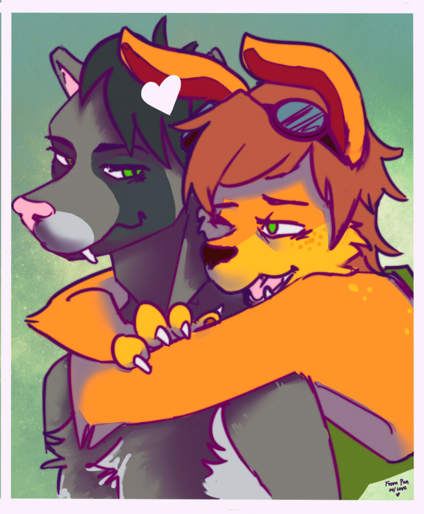 anthro dee_the_ottsel duo embrace eyewear eyewear_on_head fangs goggles goggles_on_head green_eyes hair half_body herpestid hi_res hug hugging_from_behind jak_and_daxter lasicala male male/male mammal mongoose mustelid naughty_dog one_eye_closed ottsel pppanth simple_background sony_corporation sony_interactive_entertainment teeth white_heart