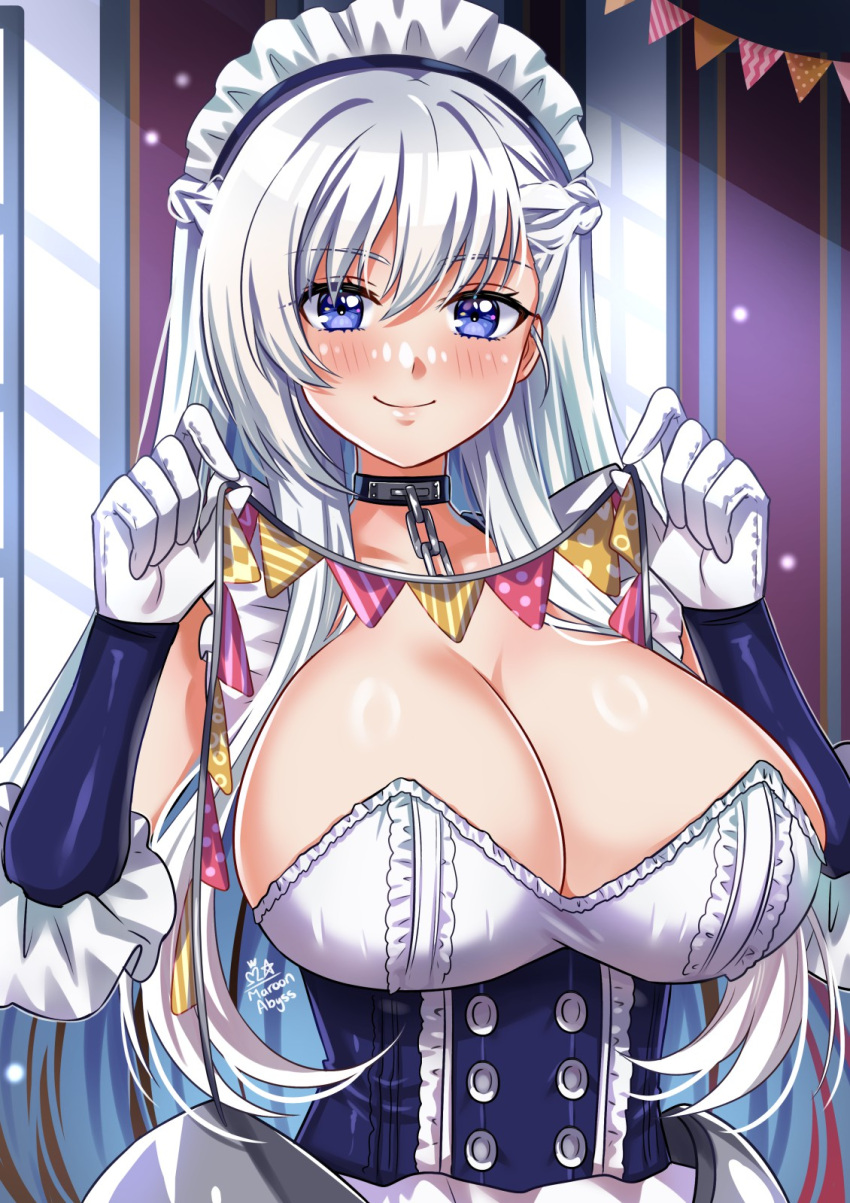 1girl apron azur_lane bare_shoulders belfast_(azur_lane) blue_eyes blush braid breasts broken broken_chain chain cleavage collar dress french_braid frilled_apron frilled_gloves frills gloves highres large_breasts long_hair looking_at_viewer low_neckline maid maid_apron maid_headdress maroonabyss smile solo white_gloves white_hair