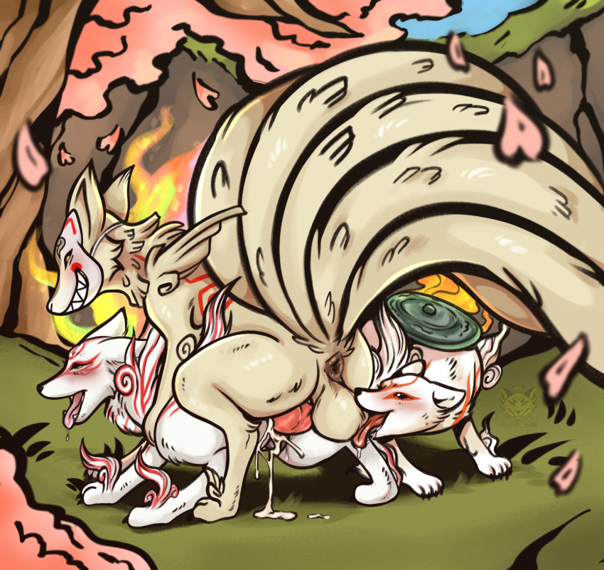 absurd_res amaterasu_(okami) animal_genitalia animal_penis animal_pussy anus ball_lick balls bodily_fluids canid canine canine_genitalia canine_penis canine_pussy canis capcom cherry_blossom cherry_blossom_tree cherry_tree cum cum_in_pussy cum_inside deity doggystyle erection female female_penetrated feral feral_on_feral fox from_behind_position fruit_tree fur genital_fluids genitals grass group group_sex hi_res knot licking male male/female male_penetrating male_penetrating_female mammal markings multi_tail ninetails_(okami) okami_(capcom) oral outside penetration penile penis plant prince-vulpine pussy rear_view sex shiranui_(okami) tail tongue tongue_out tree vaginal vaginal_penetration white_body white_fur wolf