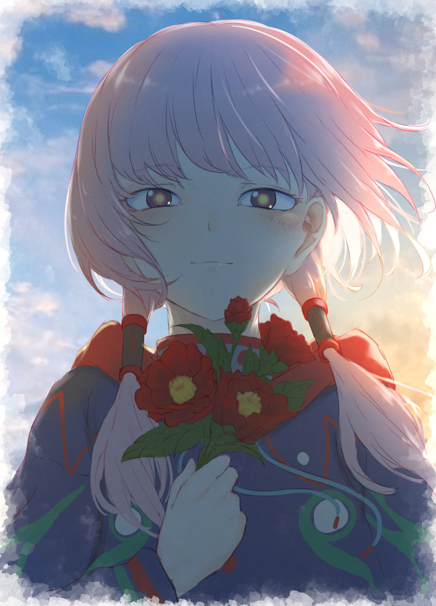 1girl absurdres blue_jacket blue_sky blush camellia flower hair_tubes highres holding holding_flower jacket kaf_(kamitsubaki_studio) kamitsubaki_studio kino_(kin0_oz) long_hair looking_at_viewer low_twintails multicolored_eyes pink_hair red_flower sidelighting sky smile solo straight-on sunlight twintails upper_body virtual_youtuber yellow_pupils