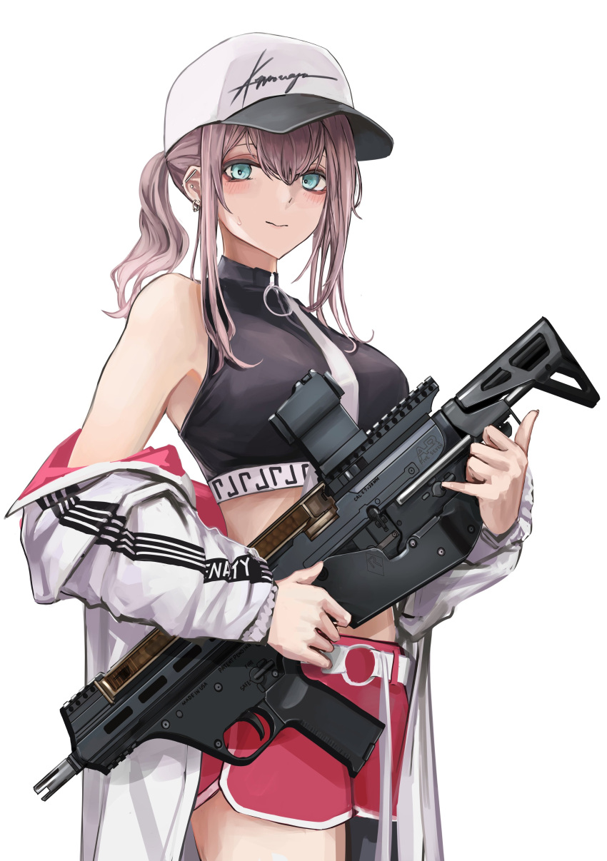 1girl absurdres ar-57 ar-57_(girls'_frontline) bare_shoulders baseball_cap black_pantyhose black_shirt blue_eyes commentary_request cowboy_shot crop_top dolphin_shorts earrings girls'_frontline gun hat highres holding holding_gun holding_weapon jacket jewelry lithographica long_sleeves looking_at_viewer midriff off_shoulder pantyhose pink_hair ponytail red_shorts shirt shorts simple_background single_leg_pantyhose sleeveless sleeveless_shirt smile solo weapon white_background white_headwear white_jacket