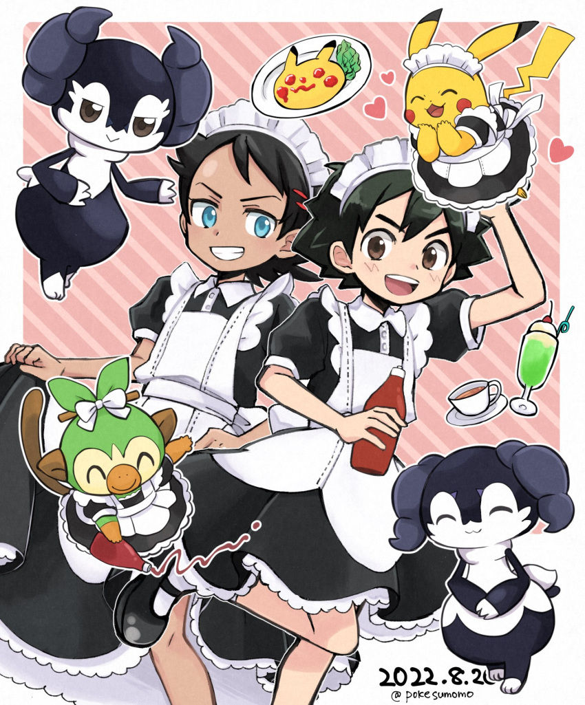 2boys :d apron aqua_eyes arm_up ash_ketchum black_dress black_footwear black_hair bottle brown_eyes commentary_request crossdressing cup dated dessert dress food goh_(pokemon) grin grookey heart highres holding holding_bottle indeedee indeedee_(female) indeedee_(male) ketchup_bottle leg_up maid_headdress male_focus multiple_boys omelet omurice open_mouth pikachu pokemon pokemon_(anime) pokemon_(creature) pokemon_journeys pokesumomo saucer shoes short_sleeves smile socks tea teacup teeth twitter_username upper_teeth_only watermark white_apron white_socks