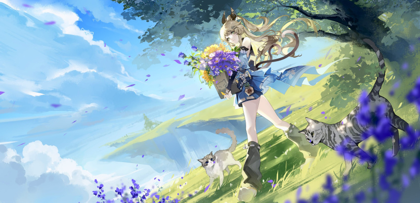 1girl :3 absurdres animal_ear_fluff animal_ears animal_hands bell black_socks blue_ribbon blue_skirt blue_sky blue_sleeves blurry blurry_foreground blush box bridal_gauntlets brown_hair bush cardboard_box carrying cat cat_ears cat_girl cat_tail cliff closed_mouth cloud cloudy_sky commentary_request day depth_of_field detached_sleeves dutch_angle ema eyelashes floating_hair flower genshin_impact green_eyes hair_between_eyes hair_ornament hairclip highres holding holding_box japanese_clothes jingle_bell kirara_(genshin_impact) long_hair looking_at_viewer looking_to_the_side loose_socks multiple_tails outdoors petals plant pleated_skirt ponytail purple_flower purple_rose ribbon rose sakuramon short_sleeves sidelocks skirt sky smile socks solo tail tree walking yellow_flower yu_jiu