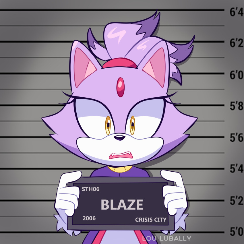 1girl animal_ears animal_nose artist_name barbie_mugshot_(meme) blaze_the_cat cat_ears cat_girl cat_tail character_name english_commentary eyelashes fang fangs forehead_jewel fur-trimmed_sleeves fur_trim furry furry_female gem gloves hands_up highres holding jacket long_sleeves looking_at_viewer lou_lubally meme open_mouth pants parody pink_gemstone purple_fur purple_jacket shadow solo sonic_(series) standing tail teeth topknot watermark white_gloves white_pants