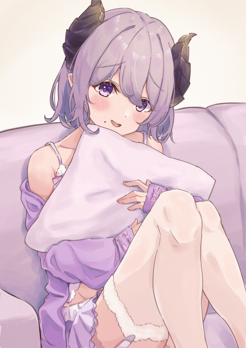 1girl absurdres blush brown_horns camisole commentary_request couch demon_girl demon_horns feet_out_of_frame fur-trimmed_thighhighs grey_background hair_between_eyes highres horns long_sleeves looking_at_viewer medium_bangs mole mole_under_mouth nanashi_inc. object_hug off_shoulder open_mouth pillow pillow_hug purple_camisole purple_eyes purple_hair purple_shirt purple_skirt saionji_mary shirt shishishi short_hair skirt smile solo thighhighs virtual_youtuber white_thighhighs