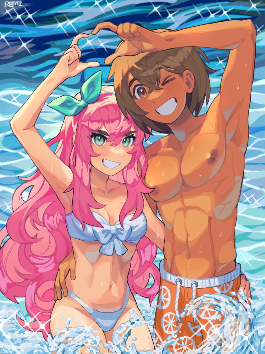 &gt;_o 1boy 1girl absurdres arm_up aubrey_(faraway)_(omori) aubrey_(omori) bikini breasts brown_eyes brown_hair dark-skinned_male dark_skin green_eyes grin hairband heart heart_hands heart_hands_duo highres kel_(faraway)_(omori) kel_(omori) long_hair male_swimwear medium_breasts navel nipples omori one_eye_closed parted_lips pink_hair remi_(mozzaremi) short_hair smile swim_trunks swimsuit teeth water white_bikini