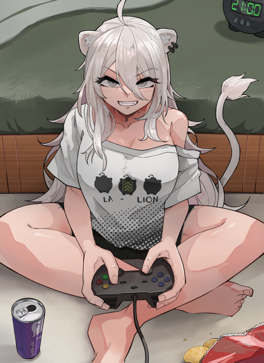 1girl absurdres ahoge animal_ear_piercing animal_ears barefoot bed bedroom black_shorts breasts can commentary_request controller game_controller grey_eyes grey_hair grin hair_between_eyes highres holding holding_controller holding_game_controller hololive indoors jewelry large_breasts lion_ears lion_girl lion_tail long_hair looking_at_viewer loose_clothes loose_shirt lotus_position mato_(target5260) messy_hair necklace no_bra official_alternate_costume official_alternate_hair_length official_alternate_hairstyle shirt shishiro_botan shishiro_botan_(4th_costume) shorts single_bare_shoulder smile solo t-shirt tail very_long_hair virtual_youtuber white_shirt