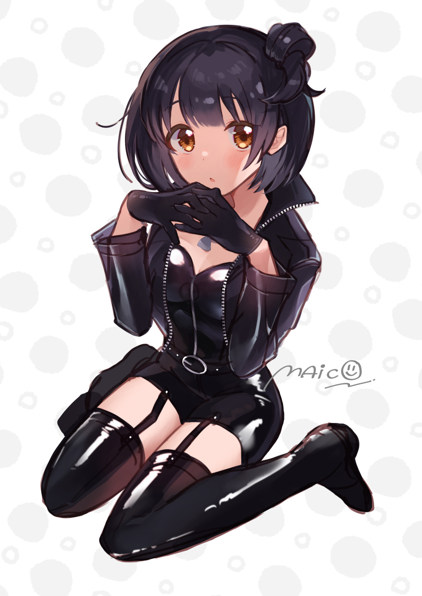 1girl absurdres belt_buckle black_footwear black_garter_belt black_gloves black_hair black_jacket black_shorts blush boots buckle garter_belt gloves hair_bun highres idolmaster idolmaster_million_live! jacket leather leather_boots leather_jacket leather_shorts looking_at_viewer maico_(manya0321) nakatani_iku own_hands_together polka_dot polka_dot_background shorts single_hair_bun sitting solo wariza