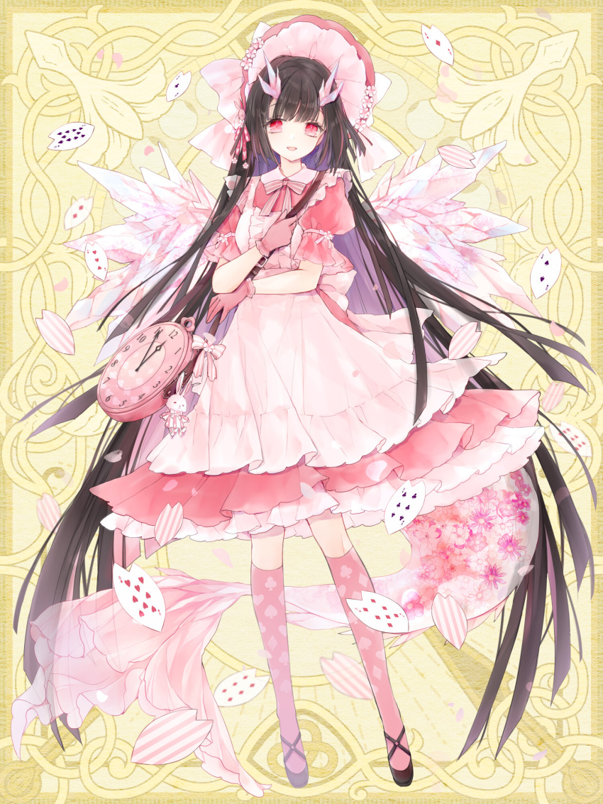 1girl :d bag black_hair bow card chain_paradox clock dress flower full_body gloves handbag highres kneehighs natsu_nts pink_bow pink_dress pink_gloves pink_headwear pink_horns pink_socks playing_card puffy_short_sleeves puffy_sleeves red_dress red_eyes sakiraku_jiwa short_sleeves smile socks standing striped striped_bow stuffed_animal stuffed_rabbit stuffed_toy tail wings yellow_background