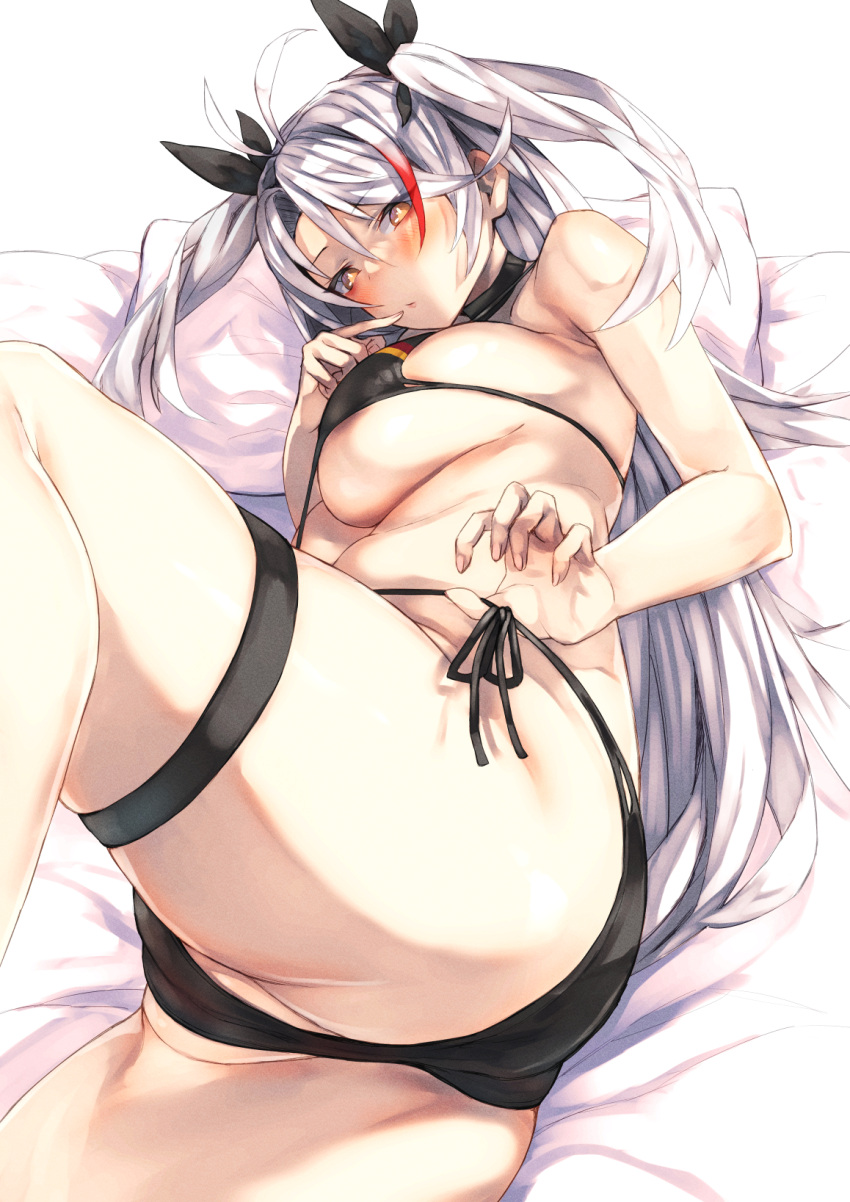 1girl alexi_oekaki ass azur_lane bikini black_bikini black_ribbon blush breasts finger_to_mouth flag_print from_below german_flag_bikini hair_ribbon hand_up highres knee_up large_breasts leg_up long_hair looking_at_viewer looking_down lying multicolored_hair on_bed on_side prinz_eugen_(azur_lane) prinz_eugen_(unfading_smile)_(azur_lane) red_hair ribbon side-tie_bikini_bottom solo spread_legs streaked_hair string_pull swimsuit thigh_strap thighs two-tone_hair underboob very_long_hair white_hair yellow_eyes