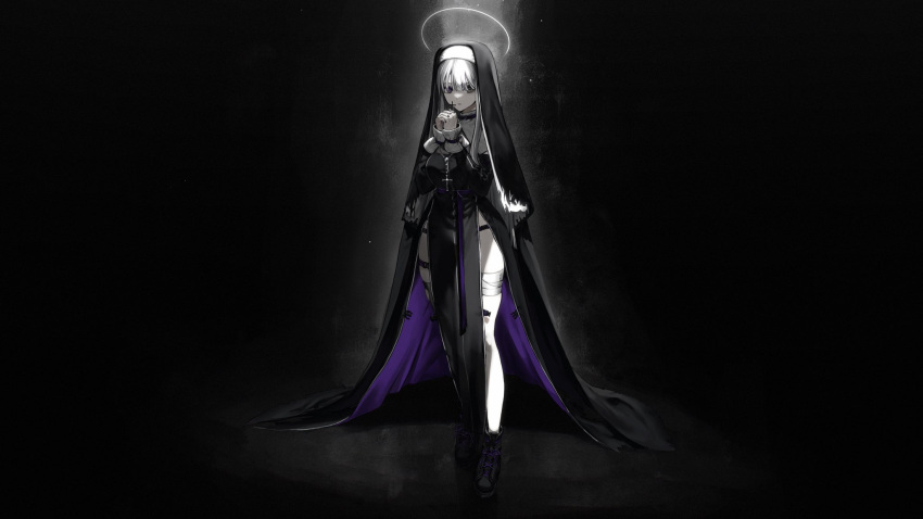 1girl bandaged_leg bandages belt black_dress black_footwear black_panties boots breasts cross cross_necklace crucifix dark dress full_body grey_eyes habit hair_over_eyes halo heterochromia highres jewelry large_breasts long_bangs long_hair looking_at_viewer necklace nun official_art panties pelvic_curtain purple_belt purple_dress purple_eyes side_slit solo spot_color standing thigh_strap underwear vocaloid white_hair wristband youichi_(45_01)