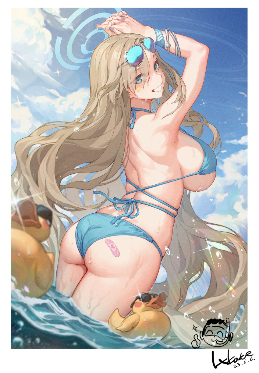 1girl :d alternate_costume arm_up arona's_sensei_doodle_(blue_archive) ass asuna_(blue_archive) aviator_sunglasses back bandaid bandaid_on_ass bare_shoulders bikini blonde_hair blue_archive blue_bikini blue_eyes blue_sky blush border bracelet breasts cloud dated day eyewear_on_head feet_out_of_frame from_side grin hair_between_eyes halo halterneck highres interlocked_fingers jewelry large_breasts long_hair looking_at_viewer looking_back lxkate median_furrow nail_polish outdoors own_hands_together parted_lips purple_nails rubber_duck sensei_(blue_archive) sideboob signature sky smile snorkel solo standing strap_gap sunglasses swimsuit thighs underboob very_long_hair wading water wavy_hair white_border