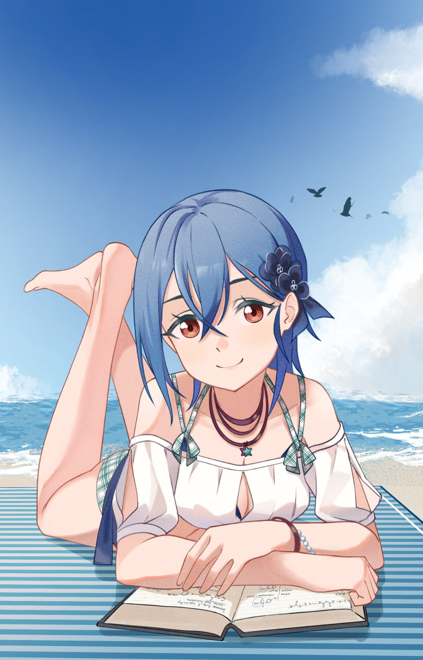 1girl absurdres barefoot beach bikini bikini_under_clothes bird birthday blue_bikini blue_hair book breasts center_opening cleavage collarbone crossed_bangs day hair_between_eyes highres jewelry large_breasts looking_at_viewer love_live! love_live!_superstar!! lying necklace ocean off-shoulder_shirt off_shoulder on_stomach open_book outdoors sand shirt short_hair smile solo swimsuit the_pose wakana_shiki white_shirt zbk_nashi