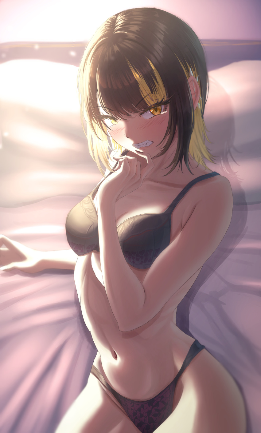 1girl absurdres bed_sheet black_bra black_hair black_panties blonde_hair blush bra breasts clenched_teeth collarbone ear_piercing fang highres idolmaster idolmaster_shiny_colors ikaruga_luca indoors looking_at_viewer misanga_(hxjd5354) multicolored_hair navel on_bed panties piercing pillow skinny small_breasts solo streaked_hair tears teeth underwear underwear_only v-shaped_eyebrows yellow_eyes