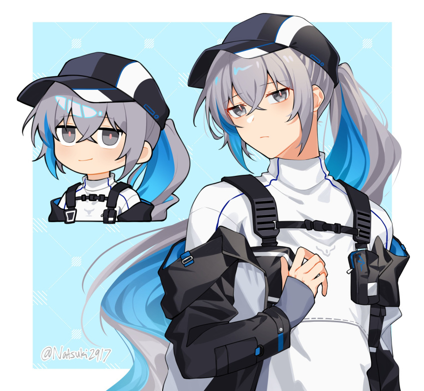 1girl absurdres baseball_cap black_headwear black_jacket blue_background blue_hair bronya_zaychik bronya_zaychik_(herrscher_of_truth) chibi closed_mouth commentary cropped_torso grey_eyes grey_hair hair_between_eyes hand_up hat highres honkai_(series) honkai_impact_3rd jacket long_hair multicolored_hair multiple_views natsuki_(2917) off_shoulder open_clothes open_jacket shirt smile twitter_username two-tone_background two-tone_hair upper_body very_long_hair white_background white_shirt