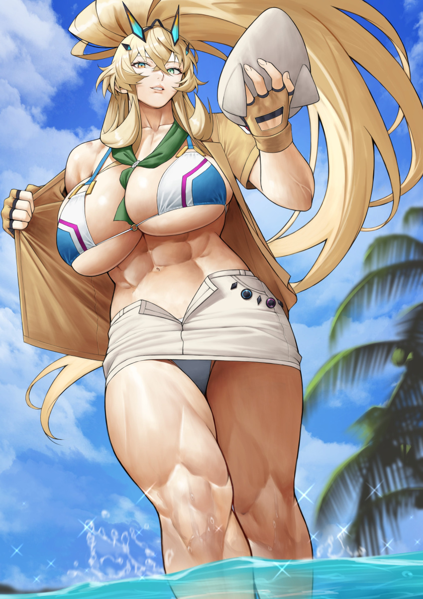 1girl abs absurdres bare_shoulders barghest_(fate) barghest_(swimsuit_archer)_(fate) bikini blonde_hair blue_sky breasts cleavage collarbone fate/grand_order fate_(series) fingerless_gloves gloves green_eyes grey_headwear grey_skirt grin hat hat_removed headwear_removed high_ponytail highres large_breasts long_hair looking_at_viewer midriff miniskirt multicolored_bikini multicolored_clothes muscular muscular_female navel neckerchief ocean open_clothes open_shirt palm_tree pencil_skirt shirt short_sleeves sidelocks skirt sky smile solo swimsuit thick_thighs thighs tied_shirt tree wading white_bikini yellow_gloves yellow_shirt yoshio_(55level)