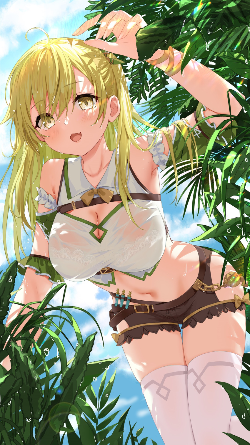 1girl absurdres ahoge arm_garter arm_up armpits bare_shoulders belt bent_over blonde_hair breasts brown_shorts cleavage cleavage_cutout clothing_cutout collared_shirt crop_top day detached_sleeves devil_heavens fang highres hip_vent large_breasts long_hair looking_at_viewer midriff navel open_mouth original outdoors see-through shirt short_shorts shorts sleeveless sleeveless_shirt smile solo stomach sunlight test_tube thighhighs thighs wet wet_clothes wet_shirt white_shirt white_thighhighs yellow_eyes