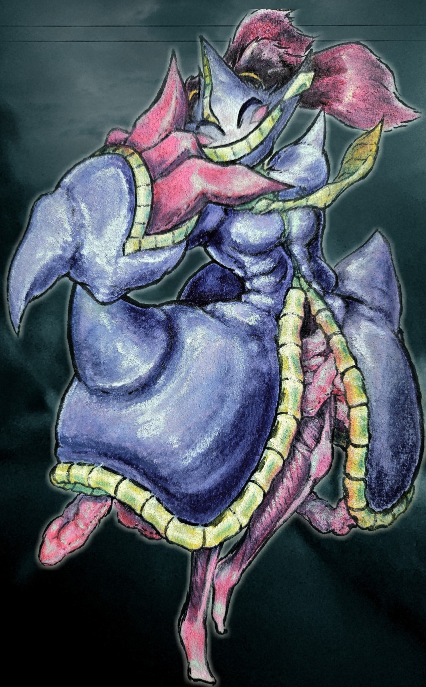 absurd_res anthro banette body_horror breasts cultist exposed_muscle falgaia female fictional_species generation_3_pokemon happy hi_res mask mega_banette mega_evolution nintendo pastel_(artwork) plushie plushification pokemon pokemon_(species) pokemorph possession smile solo stitch_(sewing) traditional_media_(artwork)