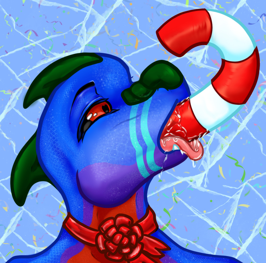 &lt;3 &lt;3_eyes anthro asphyxiation bodily_fluids bow_ribbon buddy_furry-blue-heart candy candy_cane choking christmas darkness35wolf dessert digital_drawing_(artwork) digital_media_(artwork) dragon dripping fangs food hi_res holidays licking male ribbons saliva saliva_drip saliva_on_tongue saliva_string scales scalie shaded simple_background soft_shading solo_focus swallowing teeth tongue tongue_out