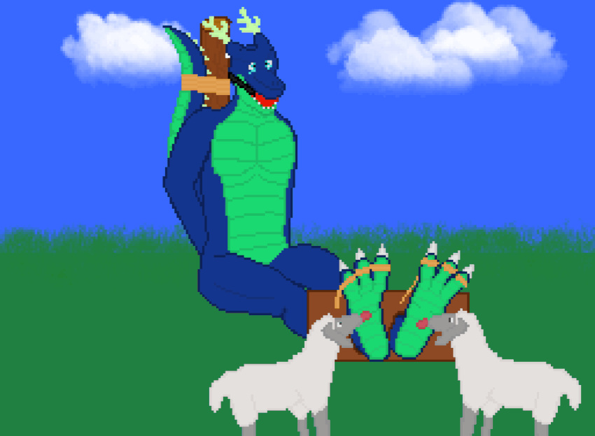 2023 2_horns 3_toes all_fours animated anthro bdsm blue_body blue_scales blue_sky bondage bound bovid caprine claws cloud countershade_face countershade_feet countershade_neck countershade_torso countershading dasosfox dragon feet foot_fetish foot_focus foot_lick foot_play fur grass green_body green_horn green_scales grey_body grey_claws group hands_behind_back horn laugh licking long_tail male mammal multicolored_body multicolored_scales open_mouth plant red_mouth red_tongue restraints rope rope_bondage scales sheep short_tail sky snout soles stocks tail tail_tied tickle_fetish tickle_torture tickling tickling_feet toe_claws toe_ties toes tongue tongue_out trio two_tone_body two_tone_scales white_body white_clouds white_fur white_wool wooden_stock wool_(fur)