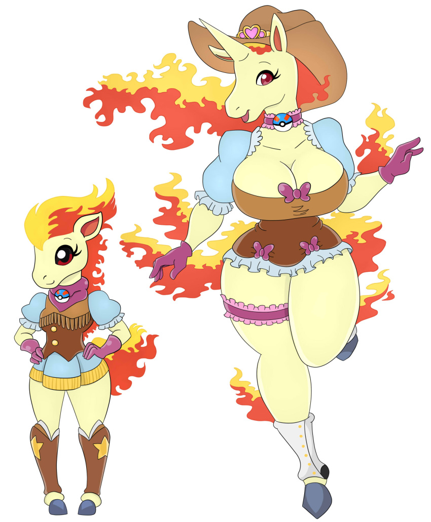 &lt;3 anthro clothing collar cowboy_hat cowboy_outfit duo female fire generation_1_pokemon gloves handwear hat headgear headwear hi_res horn legwear nintendo pokeball pokemon pokemon_(species) ponyta rapidash red_eyes simple_background star tail tunic urusee584 white_background yellow_body