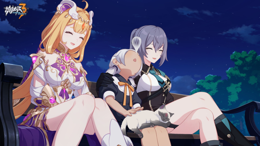 3girls :o ^_^ animal bare_legs bare_shoulders black_gloves breasts carole_peppers cat character_request child closed_eyes crossed_legs female_child gloves hand_on_another's_shoulder highres honkai_(series) honkai_impact_3rd large_breasts logo long_hair looking_at_another multiple_girls night night_sky official_art official_wallpaper orange_hair orange_ribbon outdoors ribbon sitting sky sleeping small_breasts smile socks stan_(honkai_impact) susannah_(honkai_impact) susannah_(valkyrie_quicksand) tree white_hair white_socks