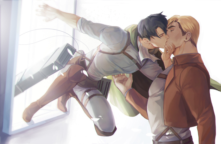 2boys absurdres ascot black_hair blonde_hair brown_footwear brown_jacket cape closed_mouth dynamic_pose erwin_smith grabbing_another's_chin gravesecrets green_cape hand_on_another's_chin highres jacket kiss large_pectorals levi_(shingeki_no_kyojin) male_focus multiple_boys pants pectorals shingeki_no_kyojin shirt sideburns sleeves_past_elbows thigh_strap weapon white_ascot white_background white_pants white_shirt window yaoi