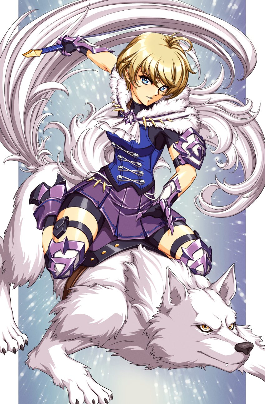 1girl absurdres ahoge ascot bike_shorts bike_shorts_under_skirt black_shorts blonde_hair blue_eyes blue_shirt commission dagger fire_emblem fire_emblem_engage fur_trim gloves highres holding holding_dagger holding_knife holding_weapon knife looking_at_viewer merrin_(fire_emblem) purple_skirt riding shirt short_hair shorts shorts_under_skirt simple_background sirknightbot skirt smile solo thigh_strap weapon wolf