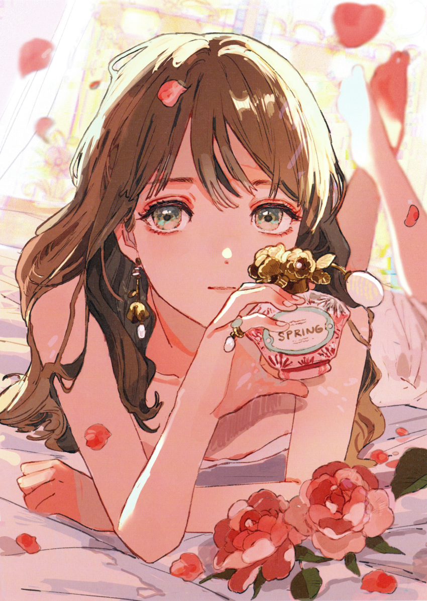 1girl absurdres artbook backlighting bare_arms bare_shoulders barefoot bottle brown_hair closed_mouth collarbone curtains dress flower green_eyes hand_up highres holding legs_up long_hair looking_at_viewer lying non-web_source on_stomach original perfume_bottle petals pink_flower qooo003 scan sleeveless sleeveless_dress soles solo white_dress window